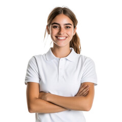 Fototapeta premium Happy young woman in a white polo shirt smiling with crossed arms, standing against a transparent background, showcasing confidence and positivity in a casual portrait.
