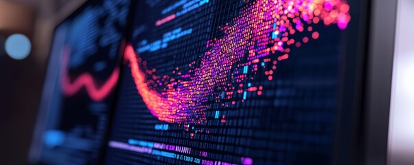A modern depiction of digital analytics, with a 3D computer monitor showcasing dynamic financial growth visualizations.