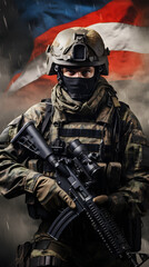 Naklejka premium Military Soldier in Combat Gear Holding Rifle with Flag Background