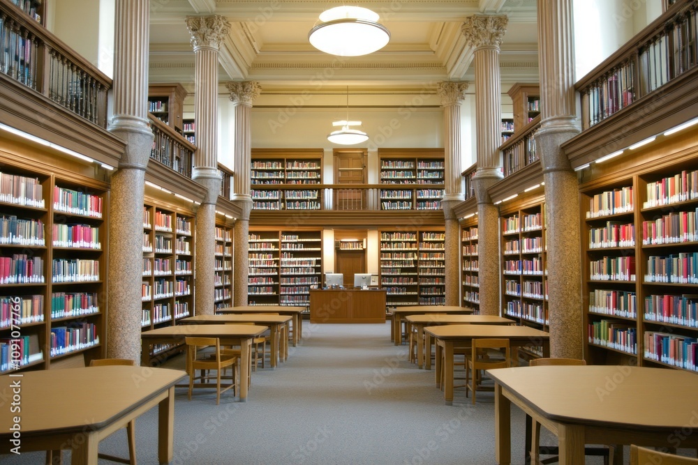 Poster a spacious library with tall shelves filled with books and study tables.