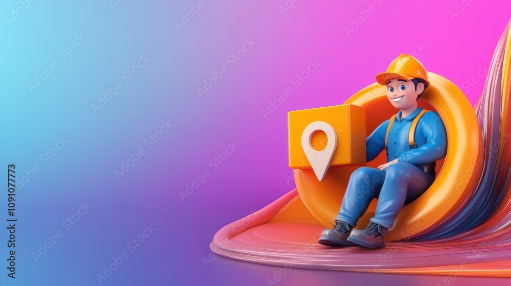 Poster a 3d character in construction gear holding a location marker, set against a colorful background.