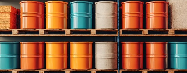 Colorful storage barrels arranged neatly in a warehouse for industrial use and logistics.