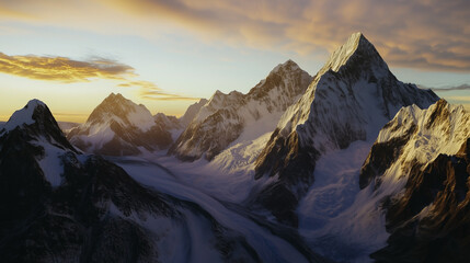 Obraz premium High mountains with sharp summits in snow at sunset with fluffy clouds in the sky.