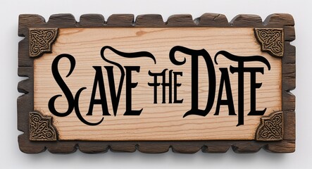 save the date lettering on medieval ancient sign wooden board on plain white background