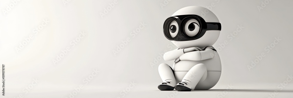 Poster a cute, stylized robot character sitting with arms crossed, showcasing a playful design.