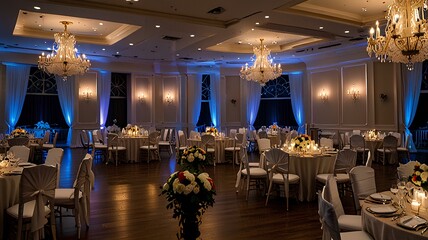 Fototapeta premium Wedding reception hall beautifully decorated with elegant lighting, chandeliers, and floral arrangements.