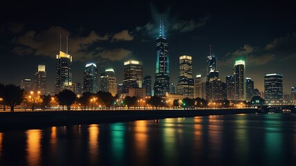 Obraz premium City skyline reflecting on a river at night, with glowing lights creating a serene and beautiful urban background