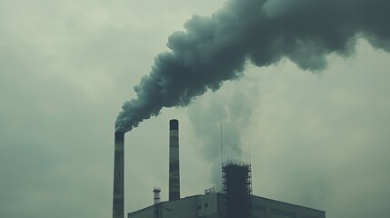 A factory emitting thick dark smoke into the air against a cloudy sky.