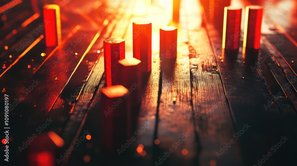 Poster abstract scene with glowing red blocks on a wooden surface, creating a warm, artistic ambiance.