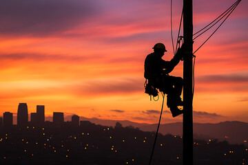 An electric pole worker performing maintenance, silhouetted against a city skyline, symbolizing urban infrastructure and essential services.