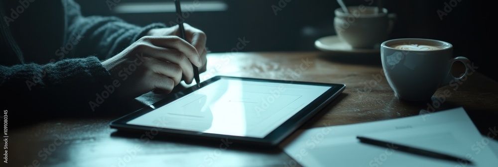 Poster A person using a tablet while enjoying coffee at a table with papers nearby.