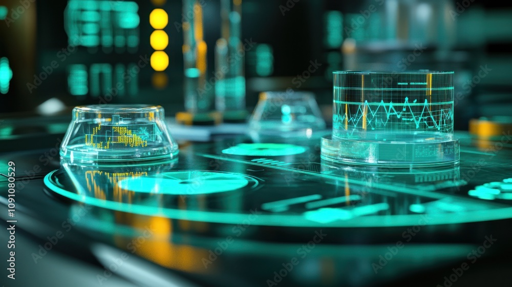 Aufkleber futuristic laboratory scene with glowing data displays and glass containers.