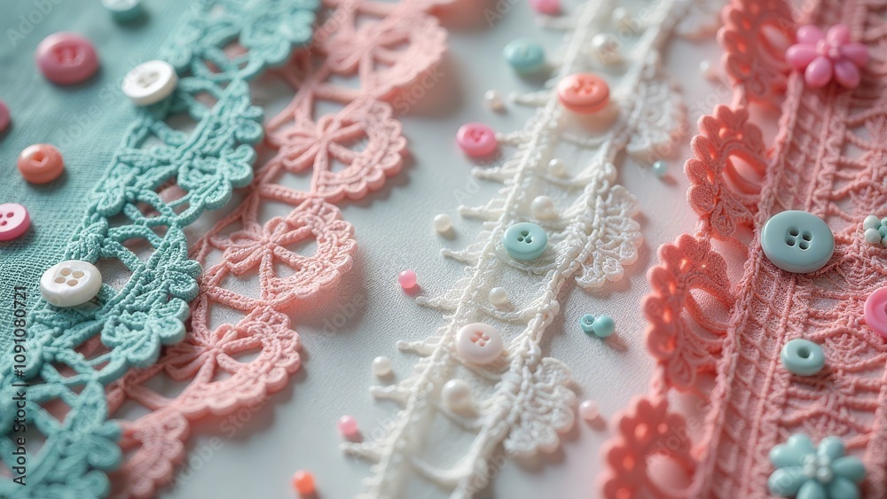 Poster a close up of buttons and lace with a pink background