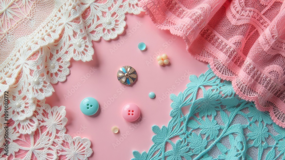 Poster A colorful assortment of buttons and beads are arranged on a pink background