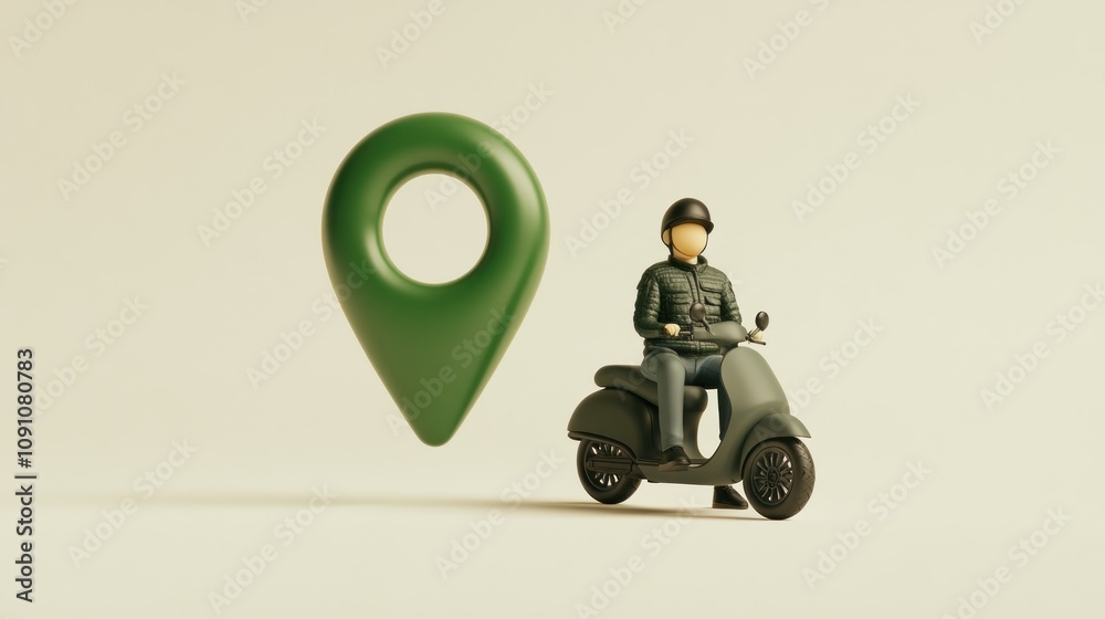 Poster a green location pin beside a figure on a scooter, symbolizing navigation or delivery services.