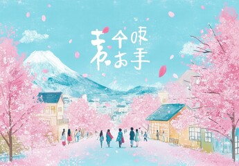 春の桜祭りのデジタルイラスト背景 建物 人々 青空 花びら © smartcat