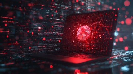 A futuristic laptop displaying a red digital globe amidst flowing data streams.