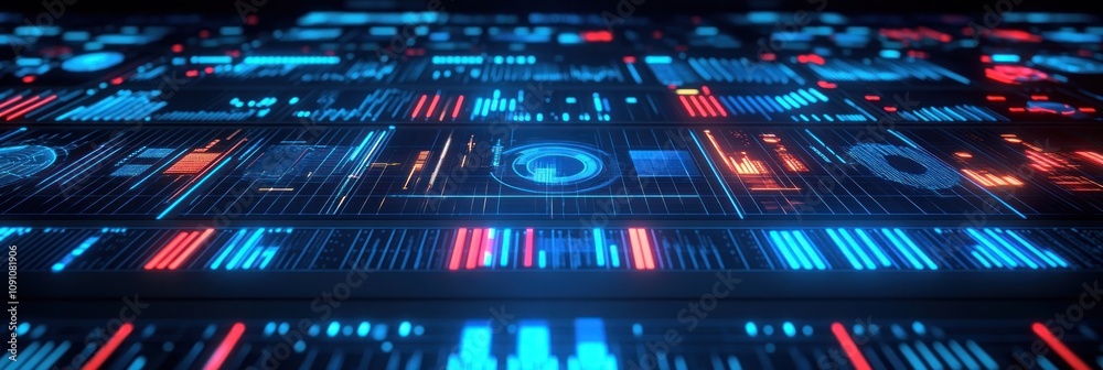 Poster A futuristic digital interface with glowing data displays and graphics.
