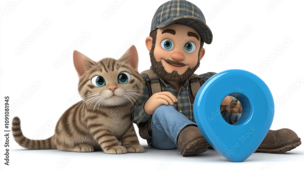 Aufkleber a cartoon character with a cat and a location pin, symbolizing adventure and exploration.