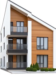 Fototapeta premium Modern wooden house with beautiful balconies and landscaped garden in a contemporary style.