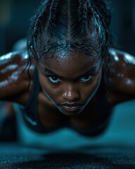 A focused young woman doing push-ups in a gym, showcasing determination and strength.