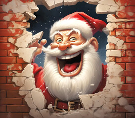 Santa Claus Face is in a broken brick wall. Smiling cartoon character looks  through the hole. Funny illustration is for Christmas card, winter holidays, festive advertisements, children’s book, print