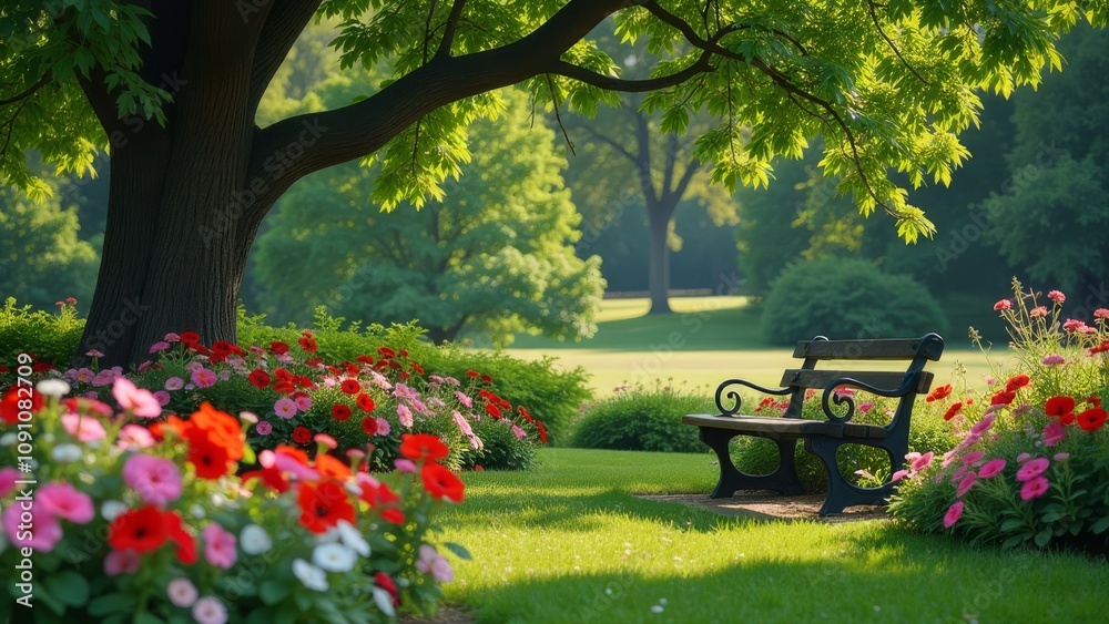 Poster a park with a bench under a tree and flowers in the background