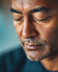 Obraz premium A close-up portrait of a man with closed eyes, showing calm and serenity.