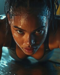 A determined young woman with sweat on her face, performing push-ups in a gym setting.