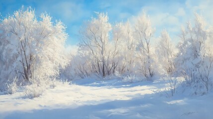 Obraz premium A serene winter scene with snow-covered trees under a bright blue sky.