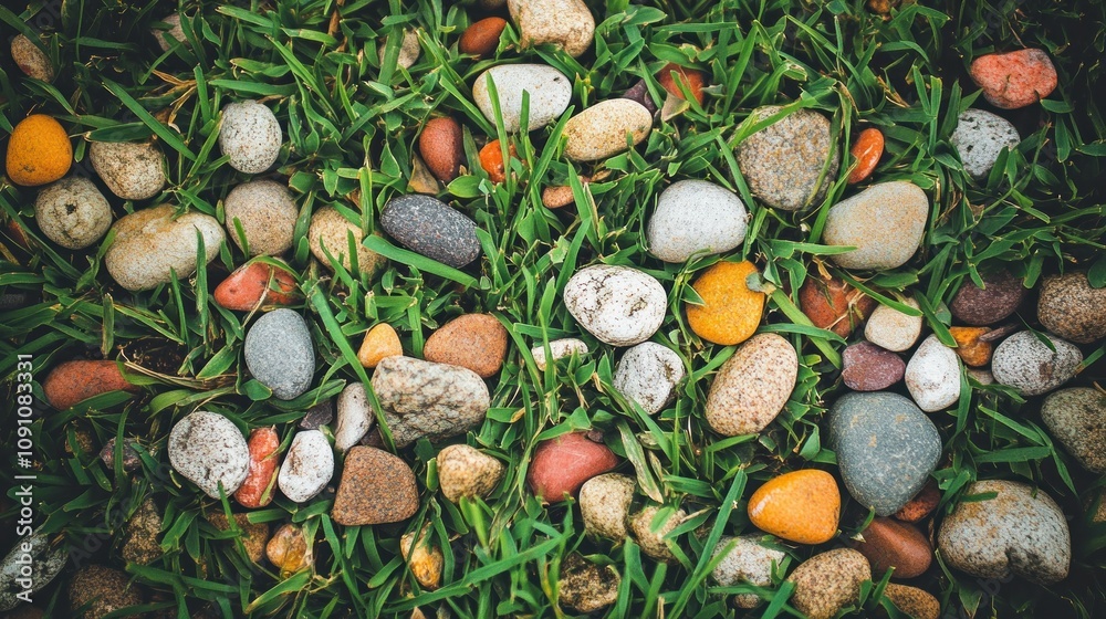 Poster a close-up view of various small stones scattered on green grass.
