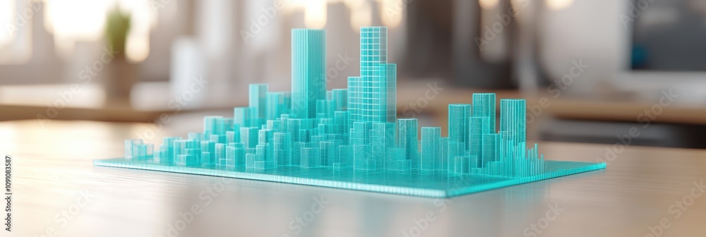 Poster A translucent cityscape model displayed on a table, showcasing urban architecture design.