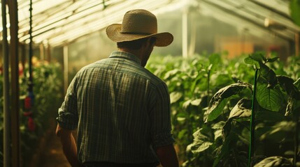Obraz premium Farmer in a Greenhouse Walking Among Lush Green Plants in a Natural Environment During Daylight Hours with Sunlight Filtering Through Glass Panels