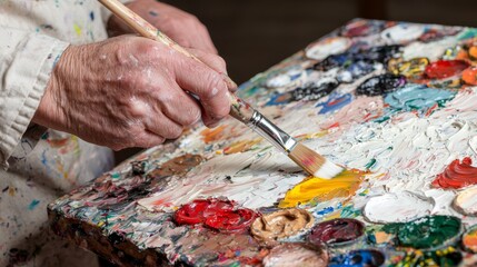 A close-up of a hand holding a paintbrush over a colorful palette, showcasing the art of painting and creativity.