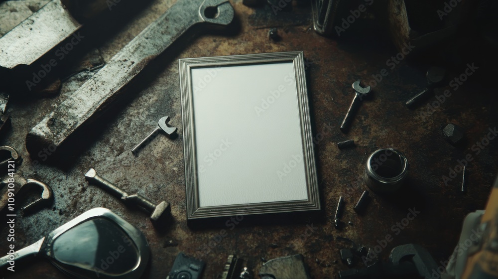 Poster A blank frame surrounded by various tools on a workbench, suggesting creativity and craftsmanship.