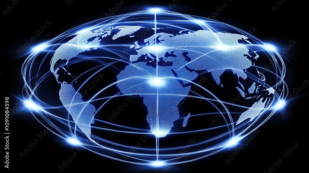 Poster digital representation of a global network with interconnected nodes and map projection on a dark ba