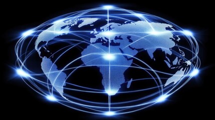 Naklejka premium Digital Representation of a Global Network with Interconnected Nodes and Map Projection on a Dark Background for Technology and Communication Concepts