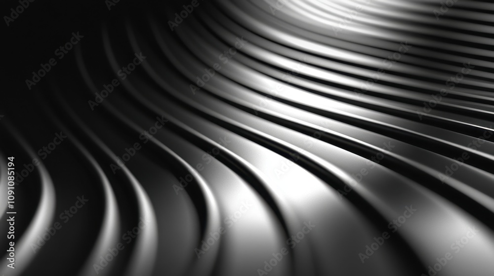 Poster abstract close-up of smooth, flowing metallic waves creating elegant patterns in light and shadow, s