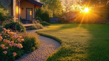 Fototapeta premium Sunset Illuminates Serene Garden Path, Lush Green Lawn, and Charming House Exterior with Vibrant Blooms.