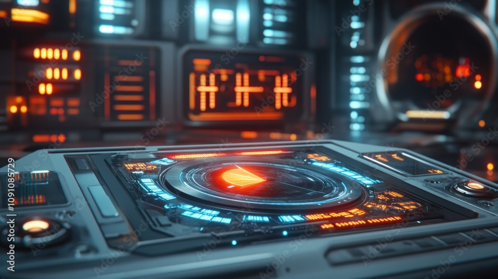 Aufkleber A futuristic control panel with glowing buttons and displays in a sci-fi environment.
