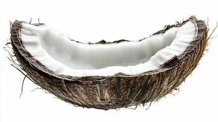 Obraz premium A close-up of a fresh coconut half with its fibrous brown husk and creamy white flesh. Captured on a clean white background, highlighting its natural texture and tropical appeal.