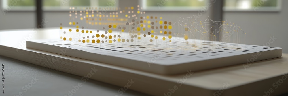 Aufkleber A modern surface with a digital display of data points and connections above it.