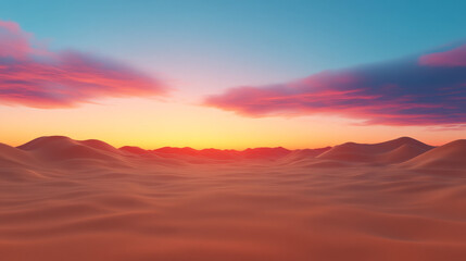 Desert Sunset Serenity: A breathtaking panoramic view of a serene desert landscape at sunset, showcasing vibrant pink and orange hues painting the sky and sand dunes.  