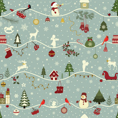 Greeting seamless pattern with Christmas elements on blue background
