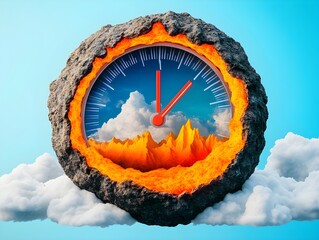 A dramatic visual of a giant clock buried in the Earth's crust, symbolizing the urgency of global warming and environmental concerns.