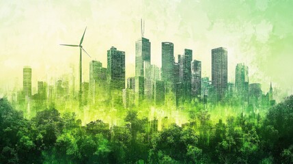 A vibrant, eco-friendly city skyline blends with lush greenery and wind turbines, symbolizing sustainable urban development.