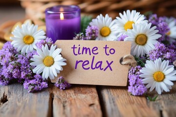 Fototapeta premium Time to Relax with Lavender Aromatherapy and Daisies for Relaxation and Wellness