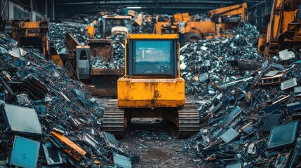 A cluttered scrapyard filled with piles of metal debris and machinery, featuring a prominent yellow bulldozer in the foreground.