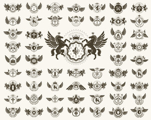 Vintage heraldic emblems vector big set, antique heraldry symbolic badges and awards collection, classic style design elements, family emblems.