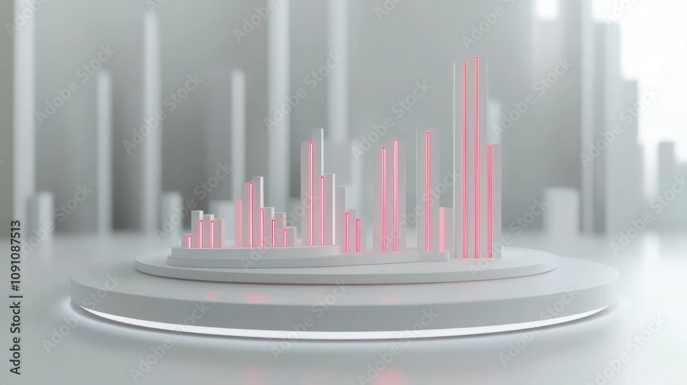 Poster Abstract 3D visualization with pink bars on a circular platform against a light background.